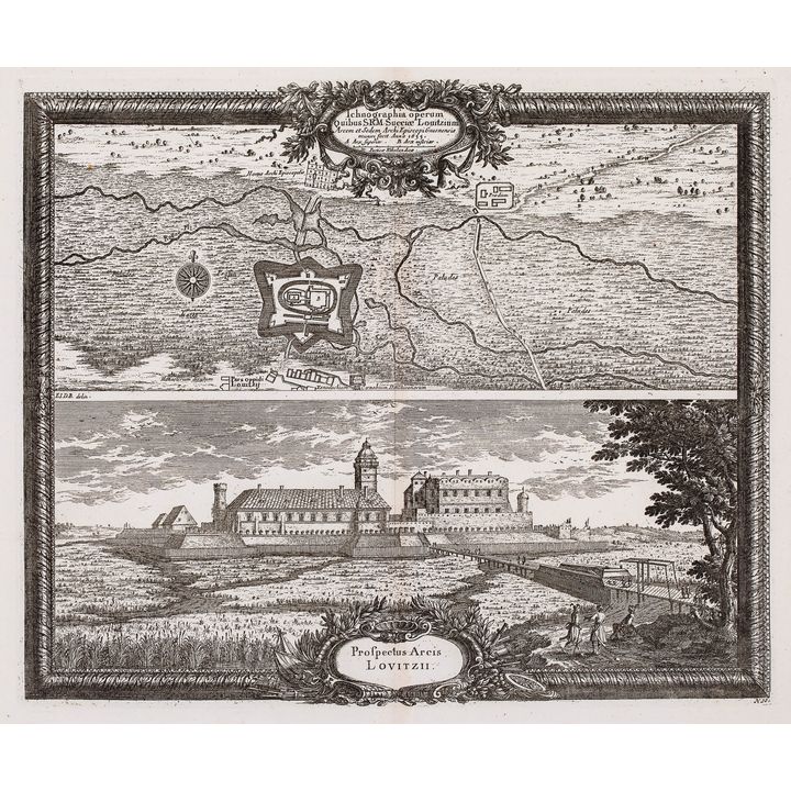 Erik J. Dahlberg | Ichnographia operum quibus SRM Sueciae Lovitzium…/Prospectus Arcis Lovitzii