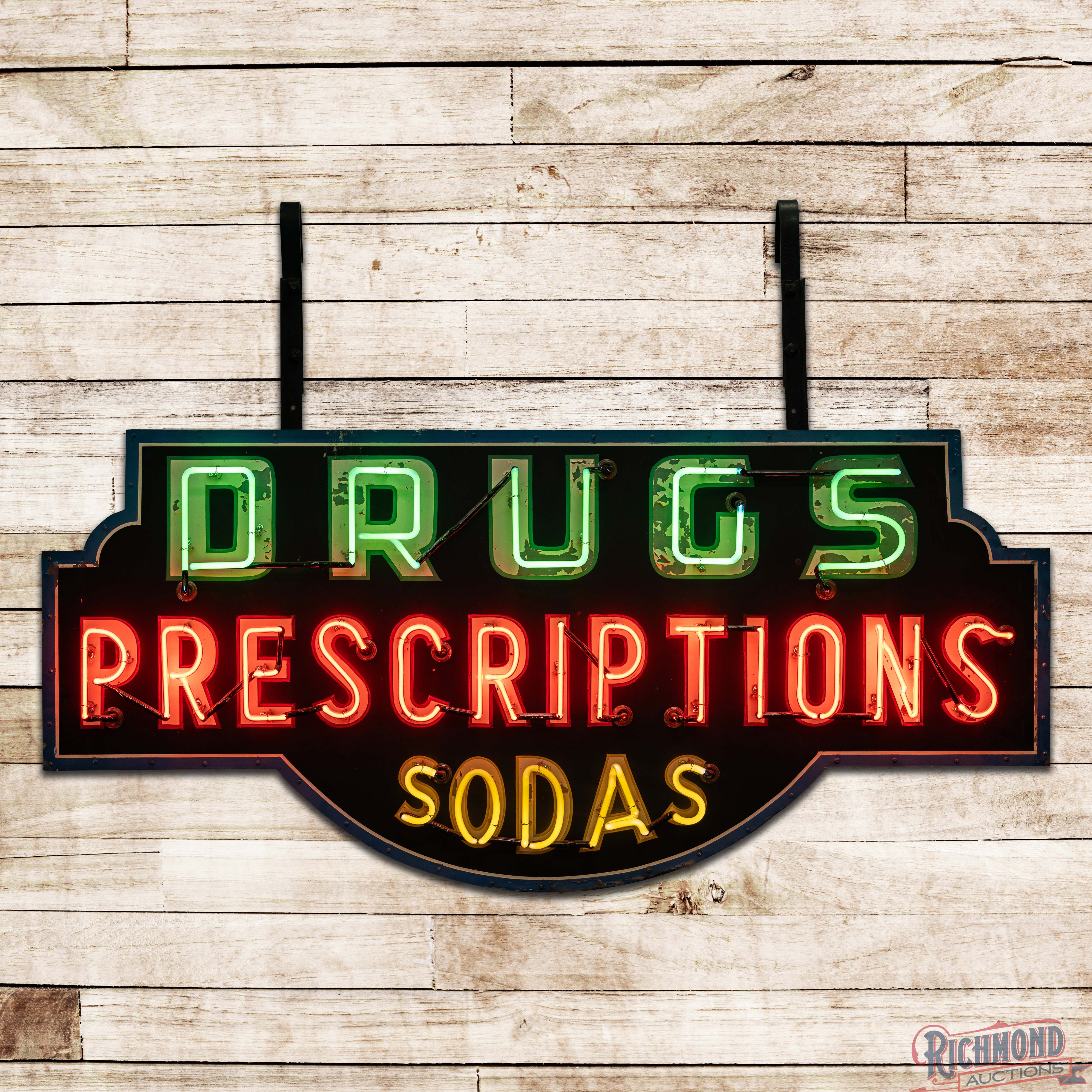 Drugs Prescriptions Sodas 6' Double Sided Tin Factory Neon Sign ...