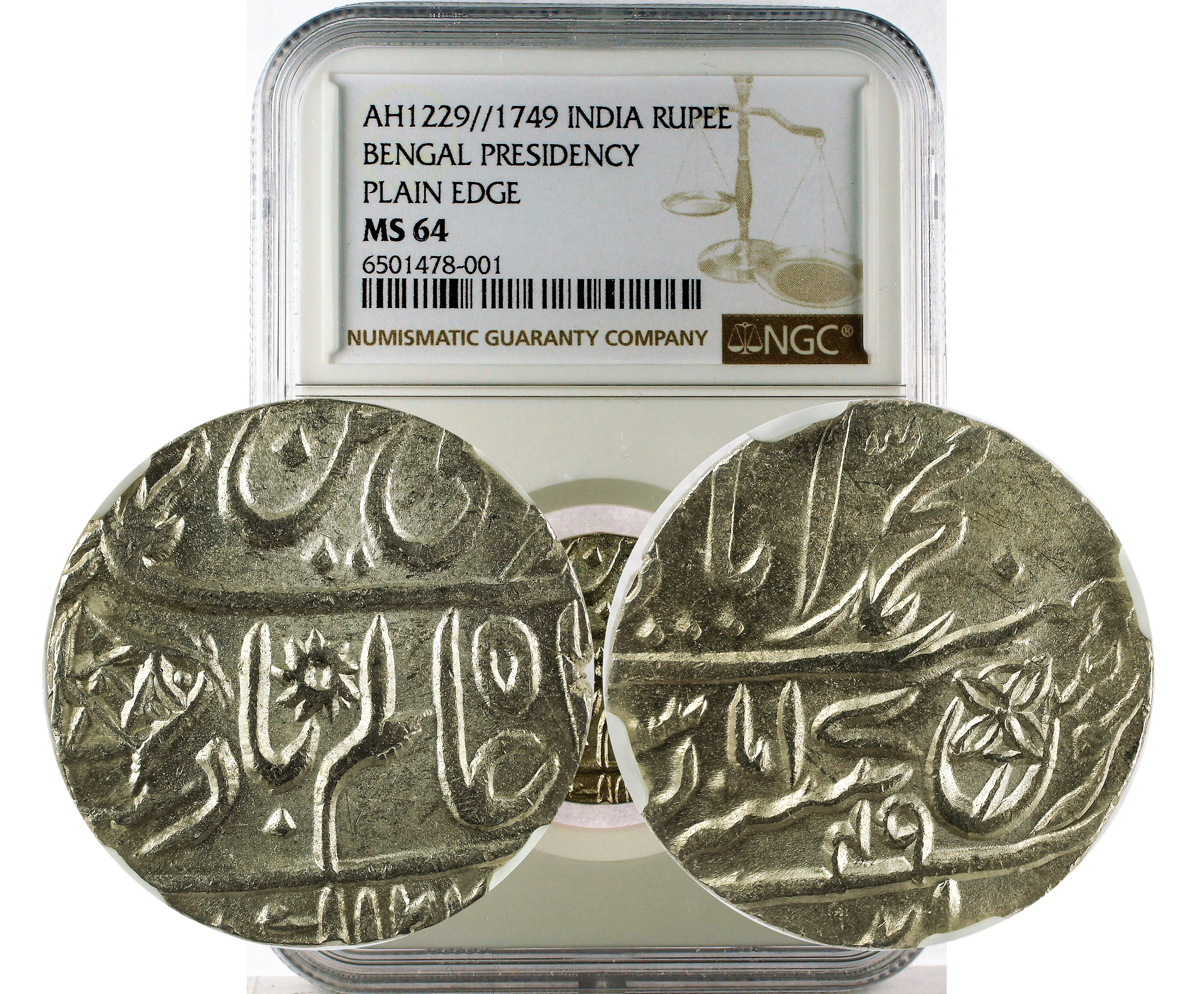 AH1229//1749 INDIA BENGAL PRESIDENCY PLAIN EDGE RUPEE MS 64