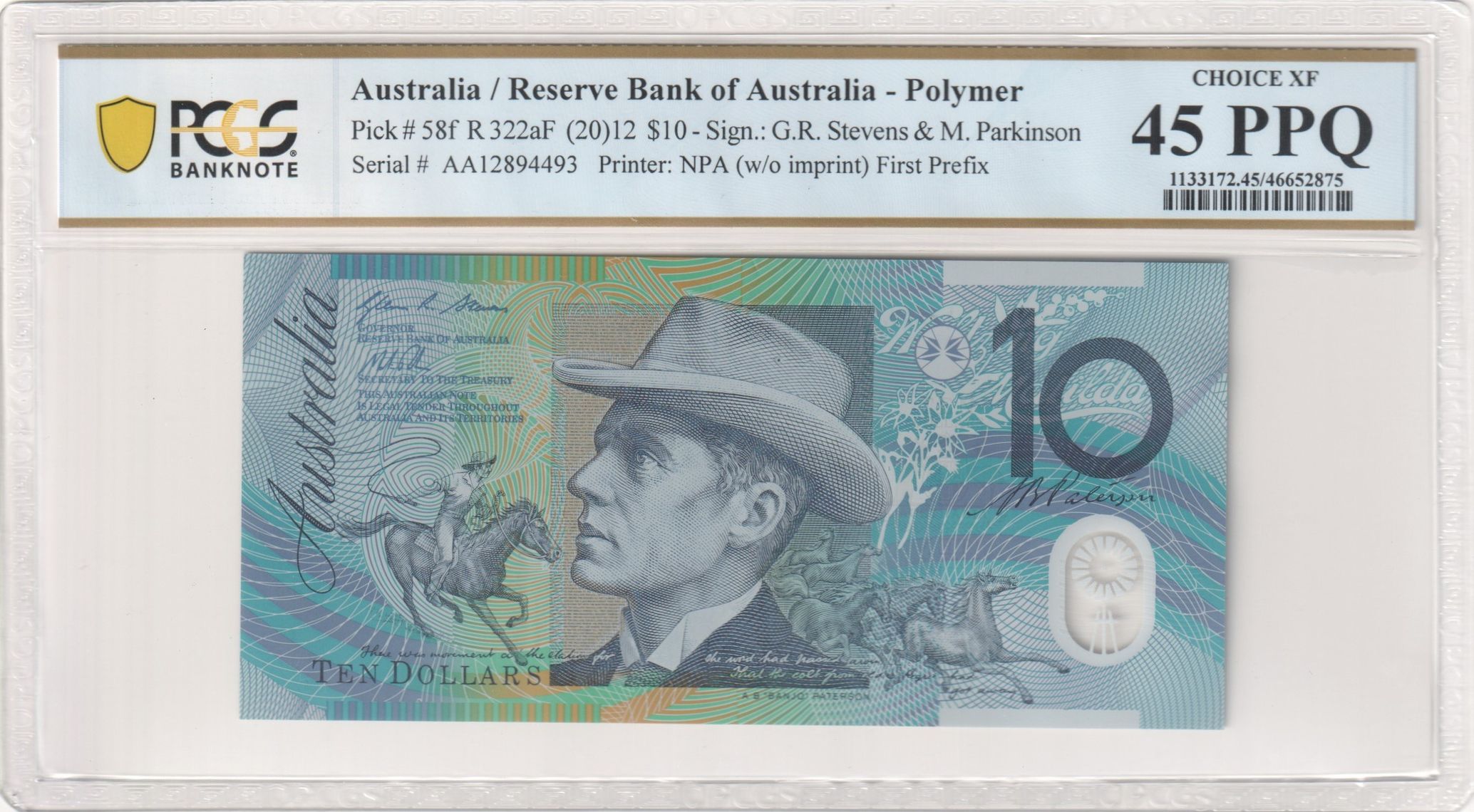 Stevens/Parkinson, First Prefix, Ten Dollar, 2012, PCGS Choice XF 45 PPQ