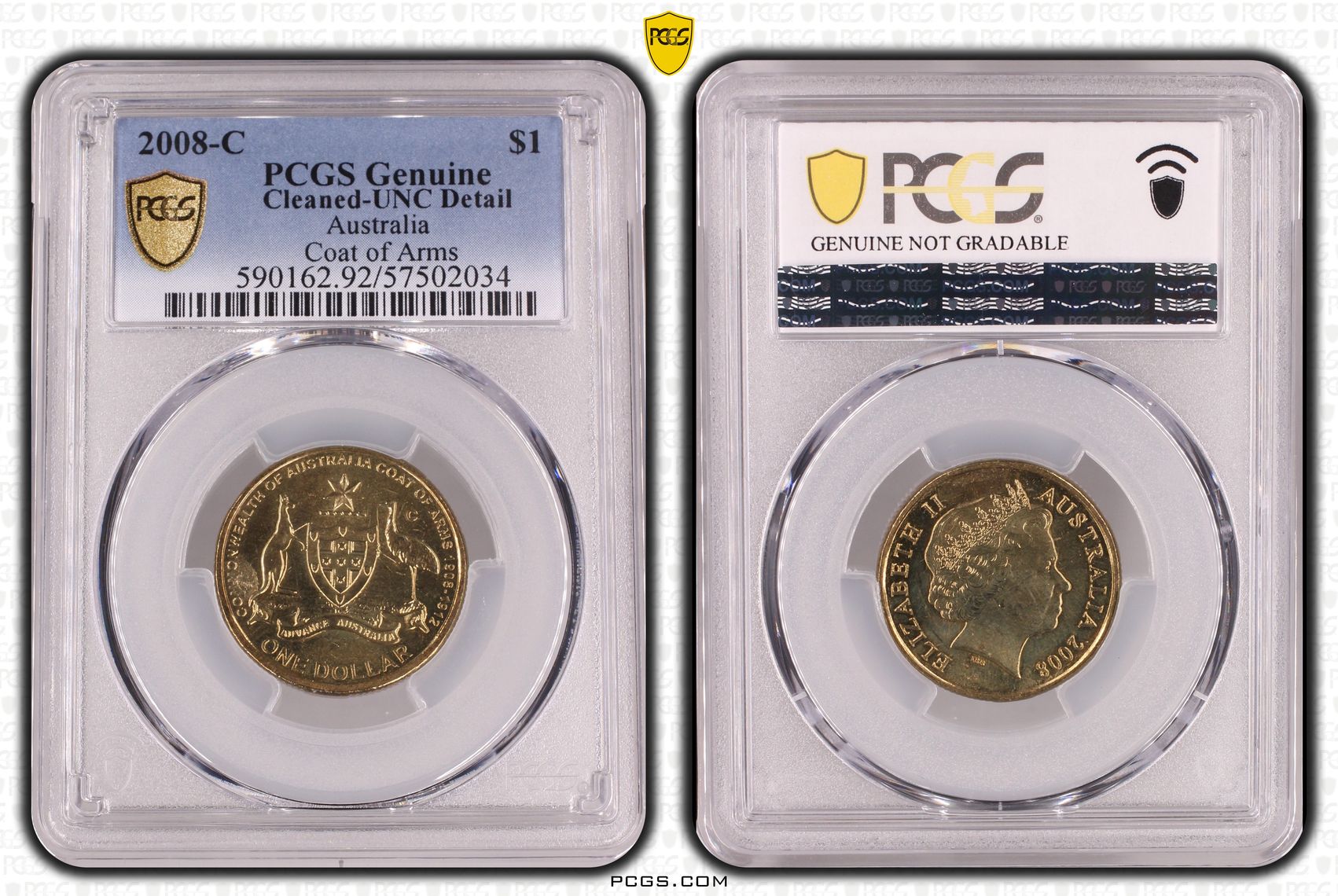 352 · Coat of Arms, One Dollar, 2008-C, PCGS Genuine - UNC Details (92 - Cleaned)