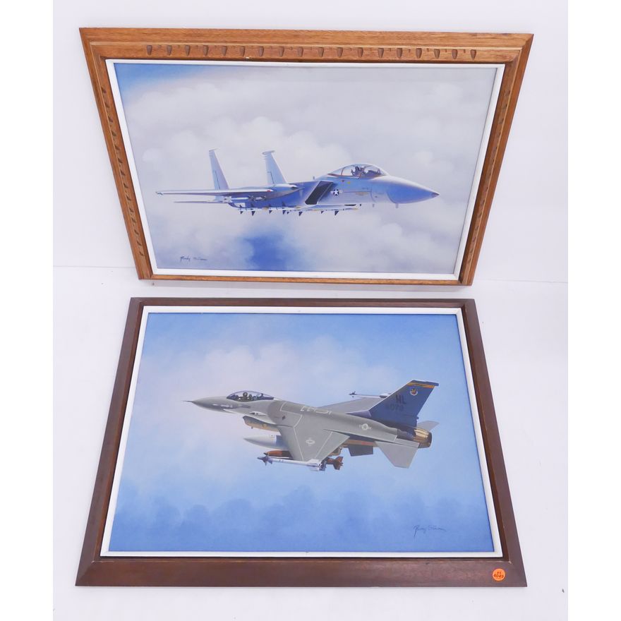 2pc Fighter Jet Paintings signed Rudy Stong. Acrylic on Canvas. Both in vintage frames.