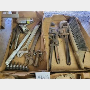2 boxes of pipe wrenches, allen drivers and other tools