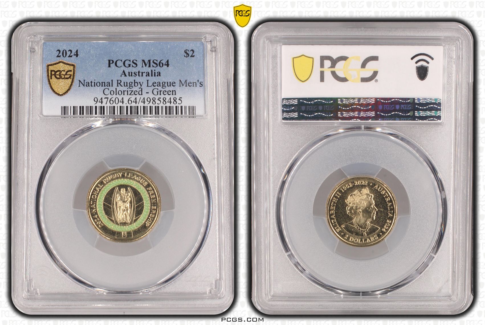 National Rugby League Men's Colorized - Green , Two Dollar, 2024, PCGS MS64