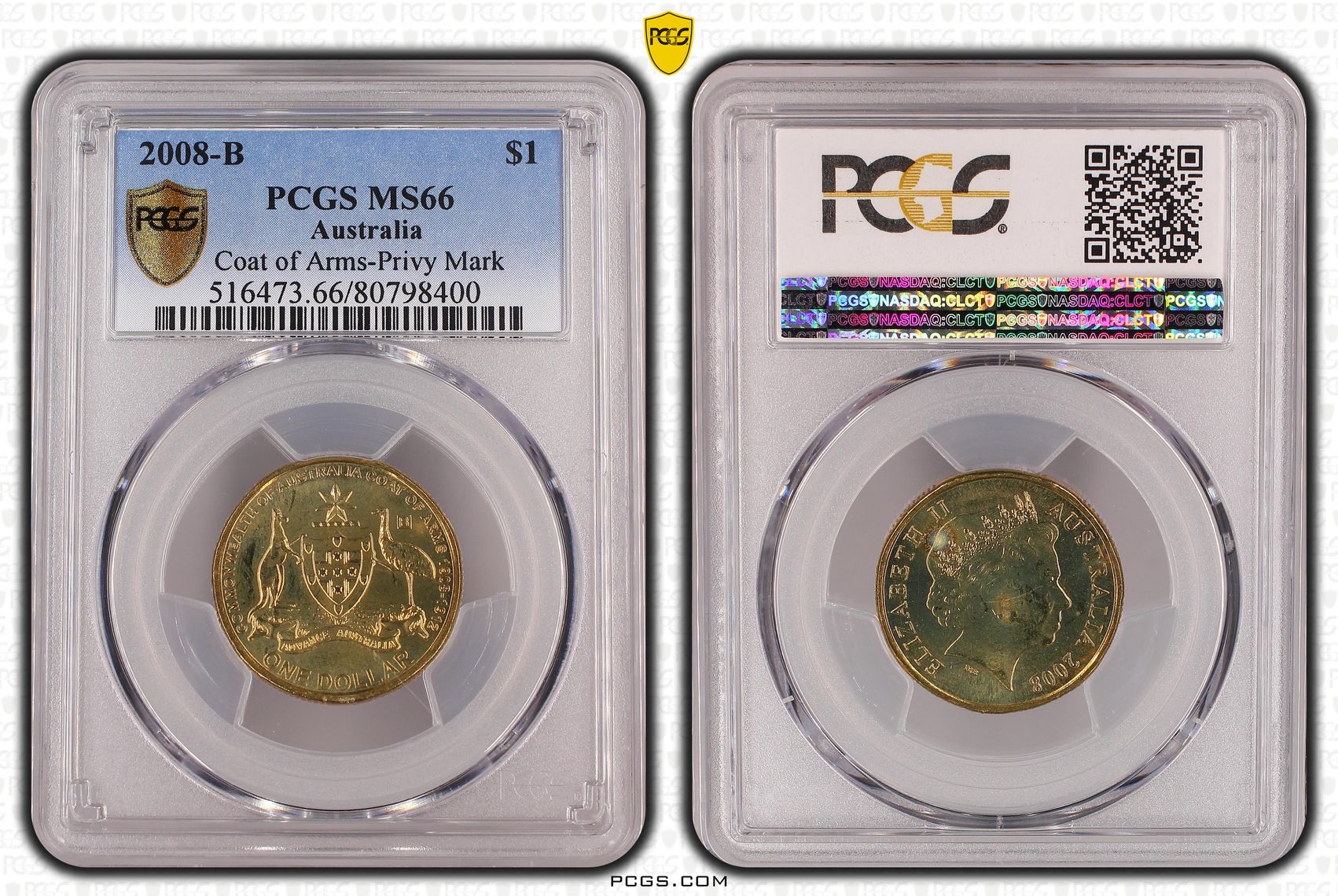 Elizabeth II, Coat of Arms-Privy Mark, One Dollar, 2008-B, PCGS MS66