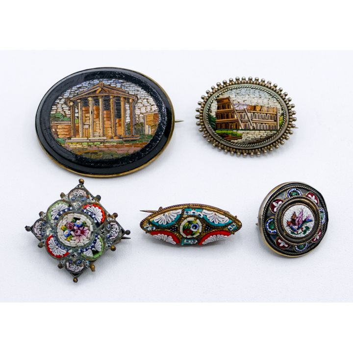 Box 5pc Antique Italian Micromosaic Brooches