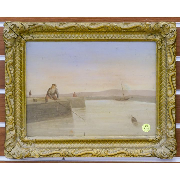 Antique Fishing Scene Naive Oil on Board Framed- 12x15''