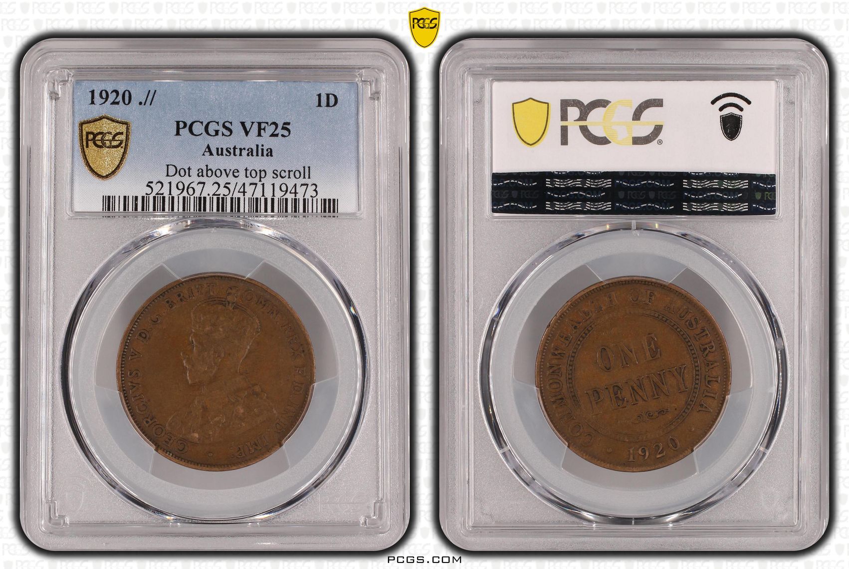 George V, Dot above top scroll, Penny, 1920, PCGS VF25BN