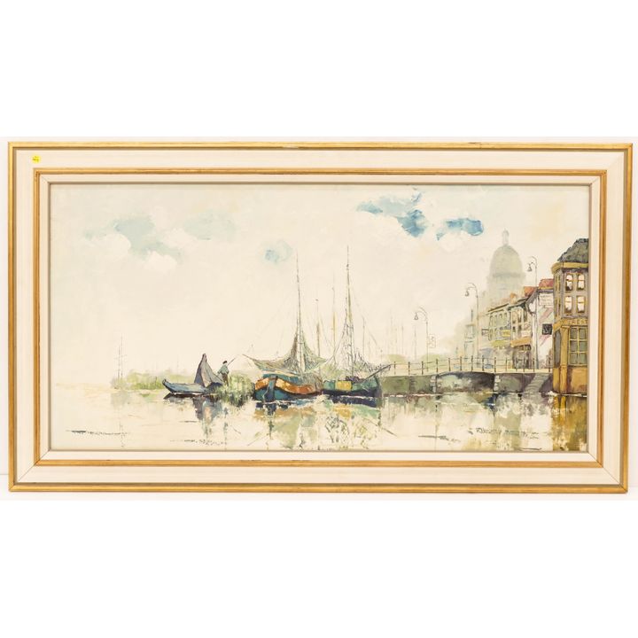 Wilton Mevr Large Dutch Harbor Scene Oil Painting- Framed- 31x55''