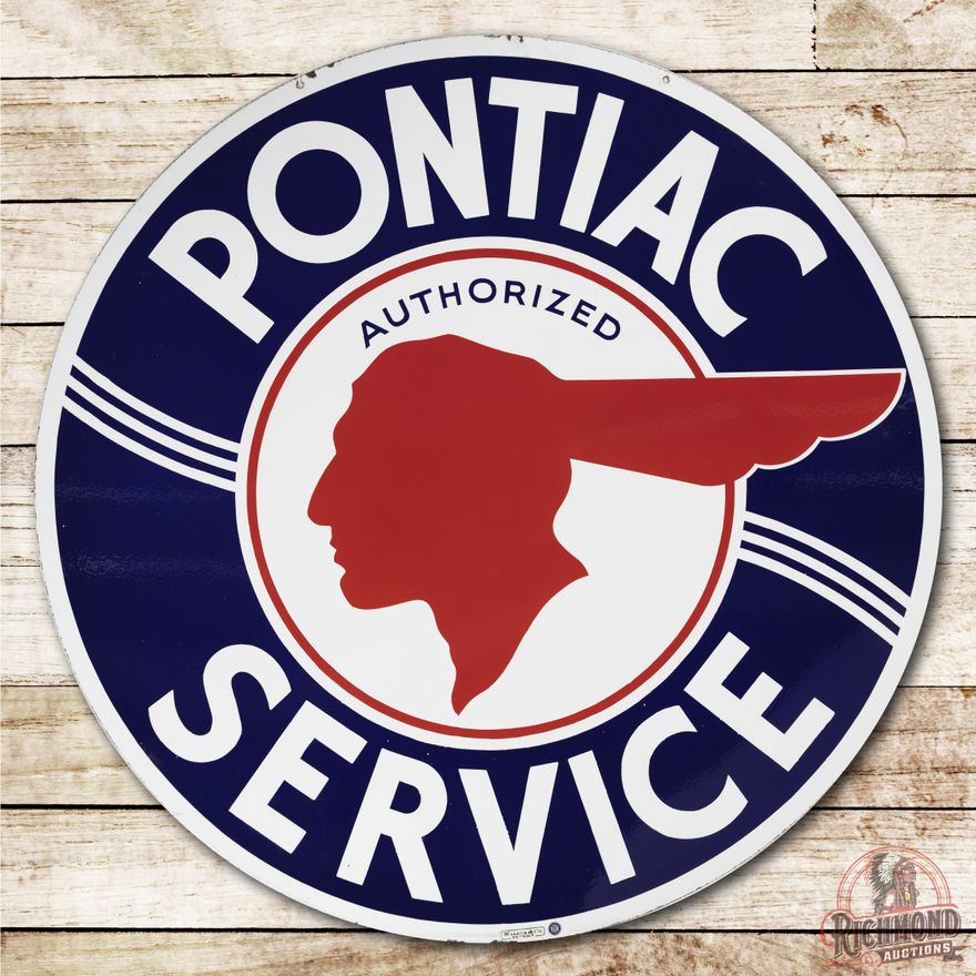 5' Pontiac Service Full Feather Logo Double Sided Porcelain Sign TAC 9 & 8.5