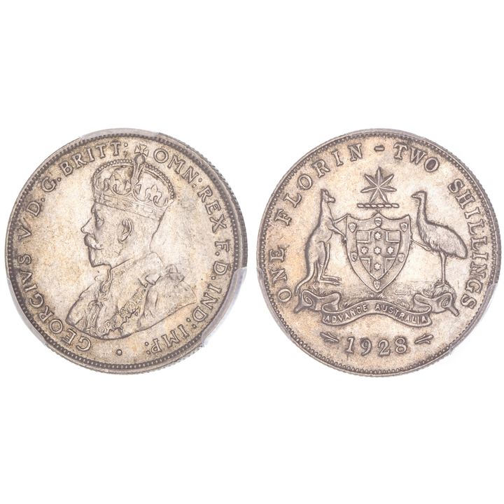 George V, Florin, 1928, PCGS AU 58