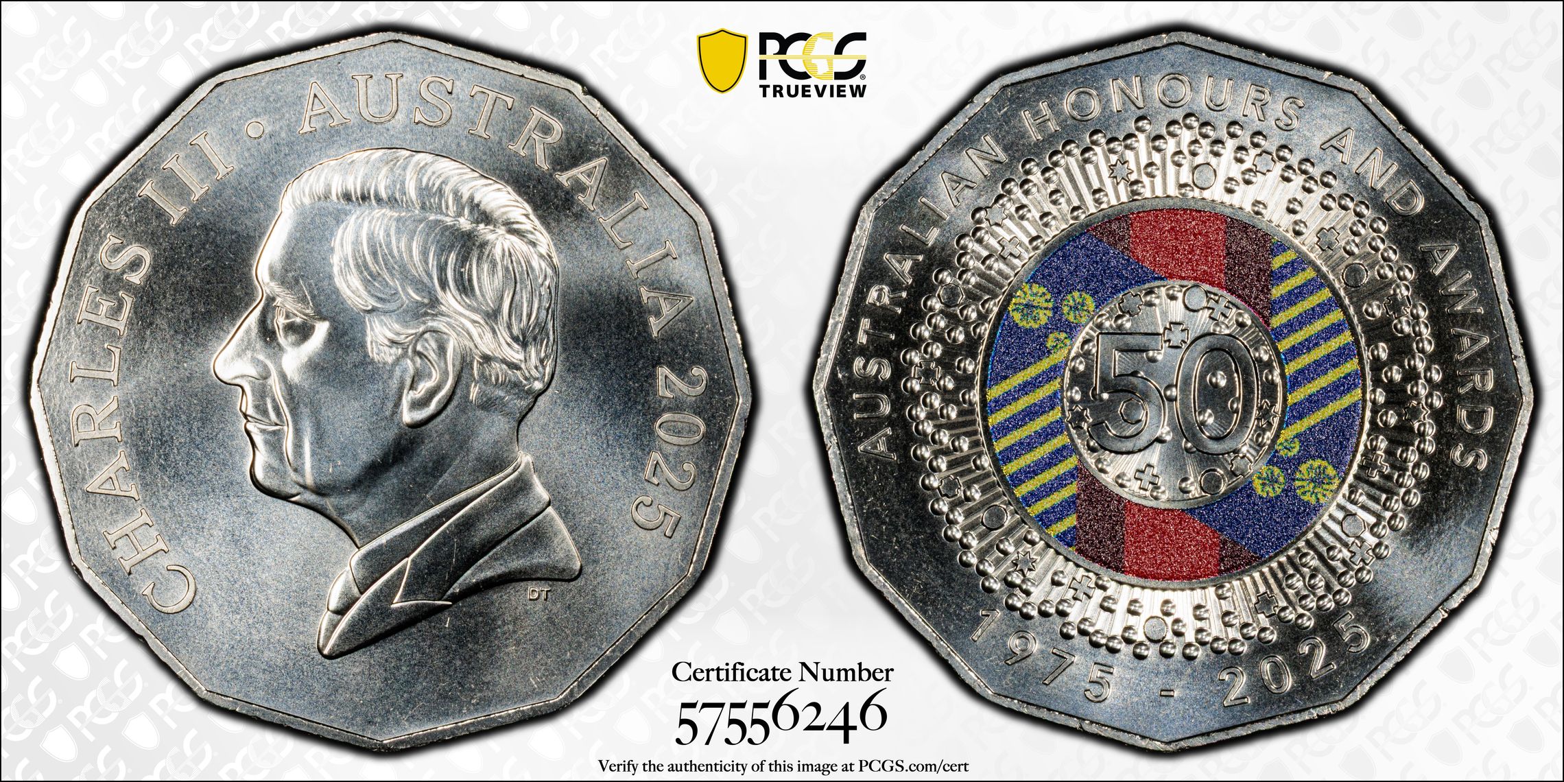 Honours and Awards CuNi Colourised, Fifty Cent, 2025, PCGS MS69