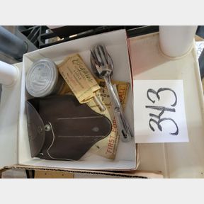 Assorted camping utensils and vintage thermometer