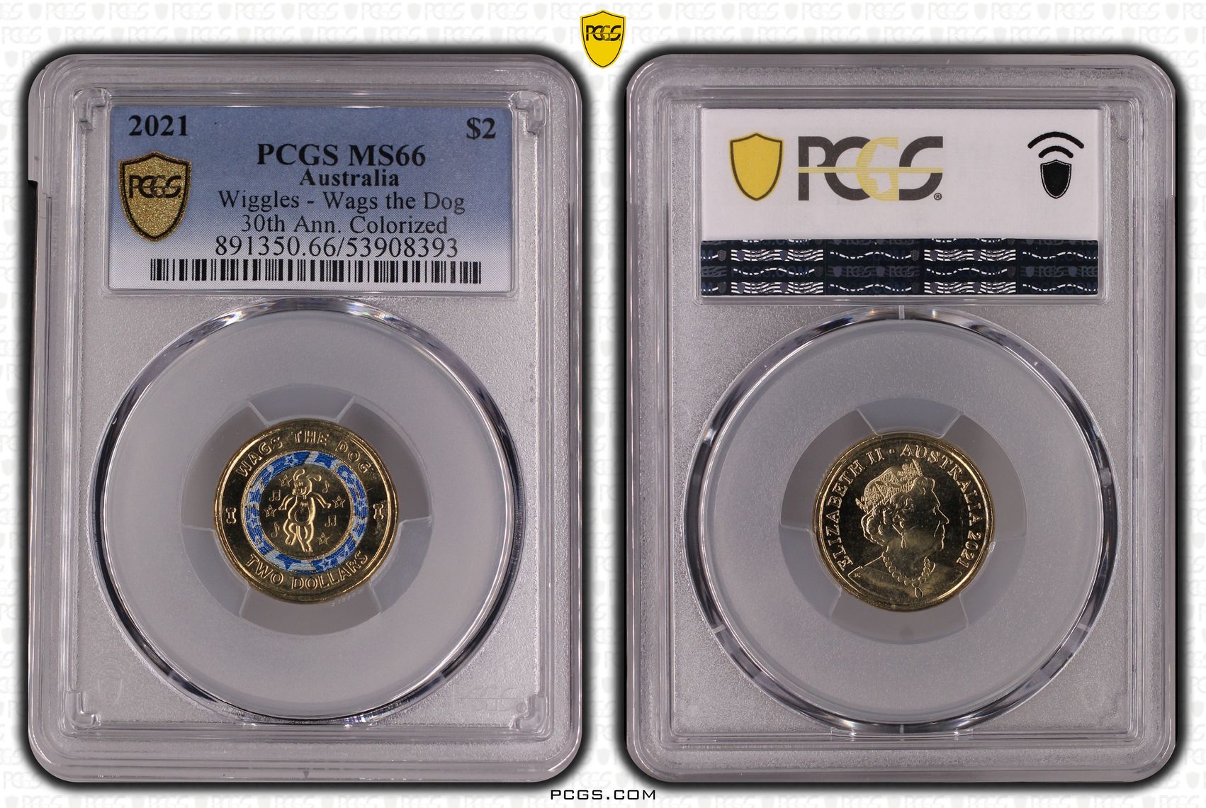 Wiggles - Wags the Dog 30th Ann. Colourised, Two Dollar, 2021, PCGS MS66
