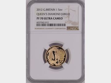 2012 ELIZABETH II DIAMOND JUBILEE PROOF GOLD SOVEREIGN PF70 UCAM