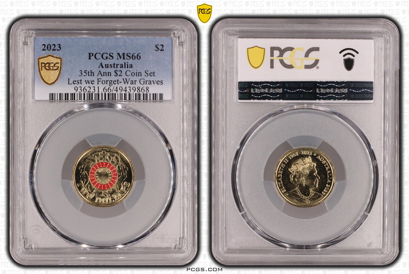 Elizabeth II, 35th Ann $2 Coin Set Colorized Lest we Forget-War Graves , Two Dollar, 2023, PCGS MS66