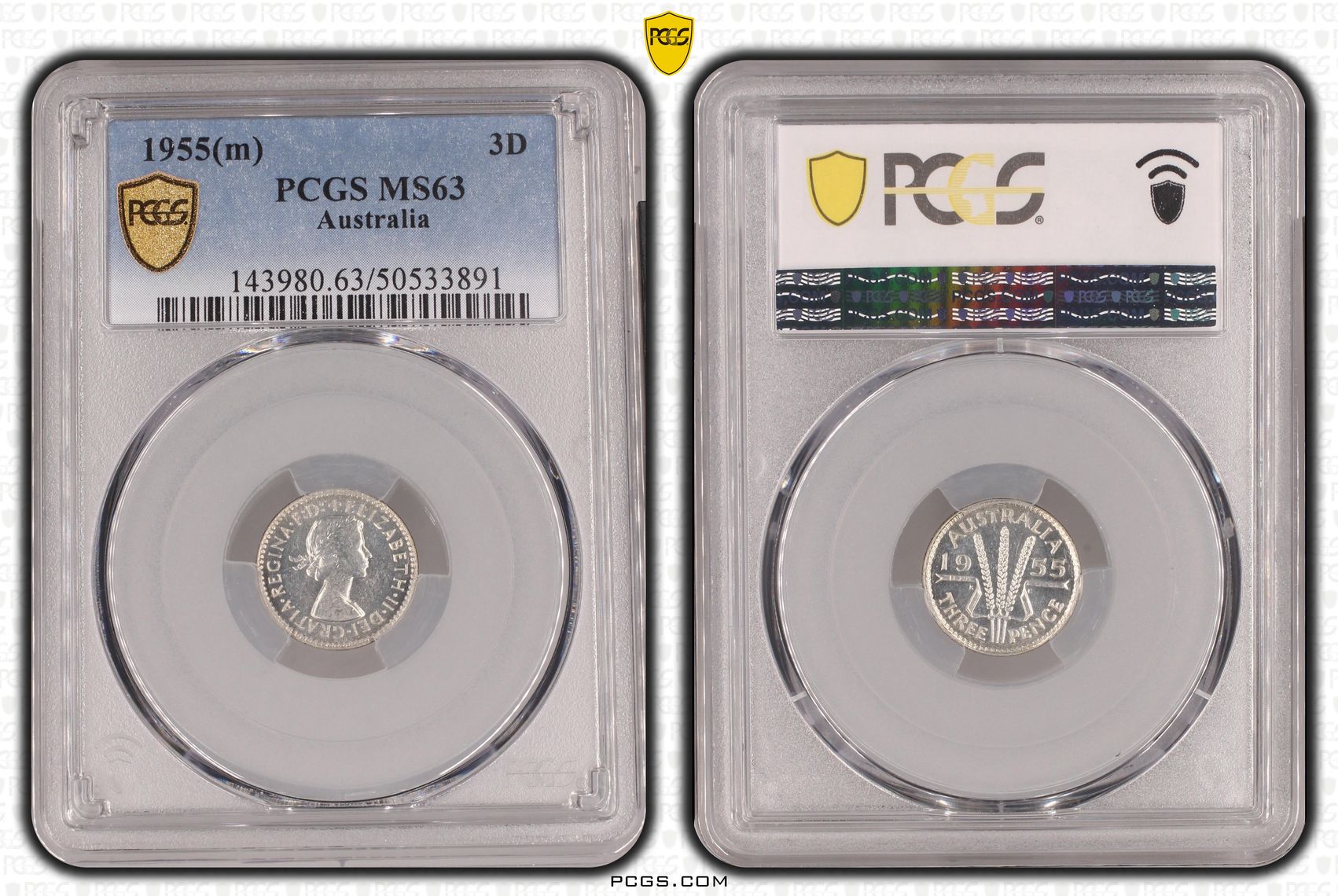 Elizabeth II, Threepence, 1955(m), PCGS MS63