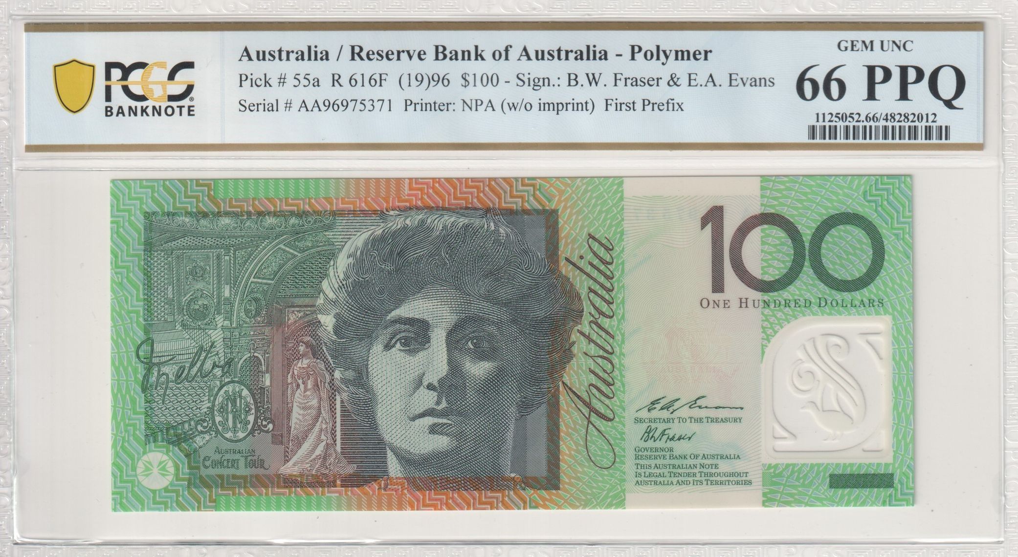 Fraser/Evans, First Prefix, One Hundred Dollar, 1996, PCGS Gem UNC 66 PPQ