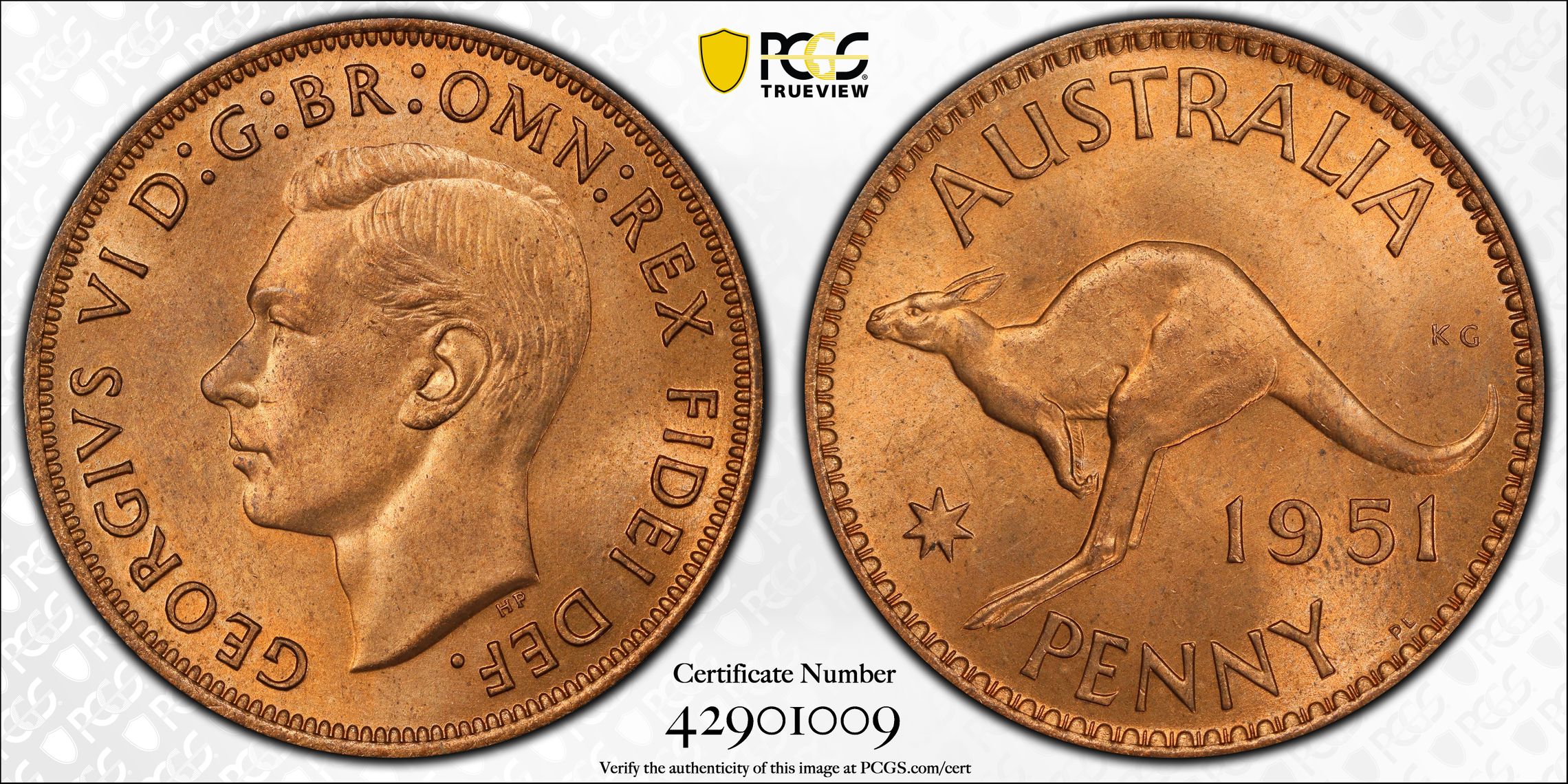 George VI, Penny, 1951-PL, PCGS MS65+RD