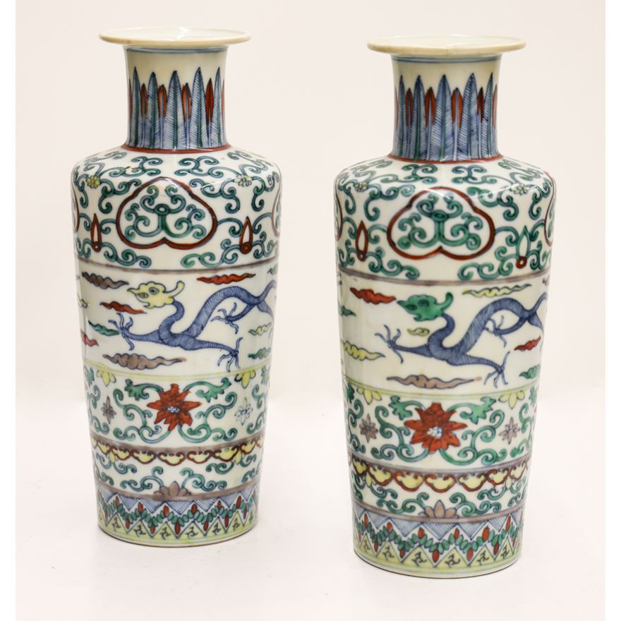 Pair Chinese Doucai Porcelain Chilong Vases
