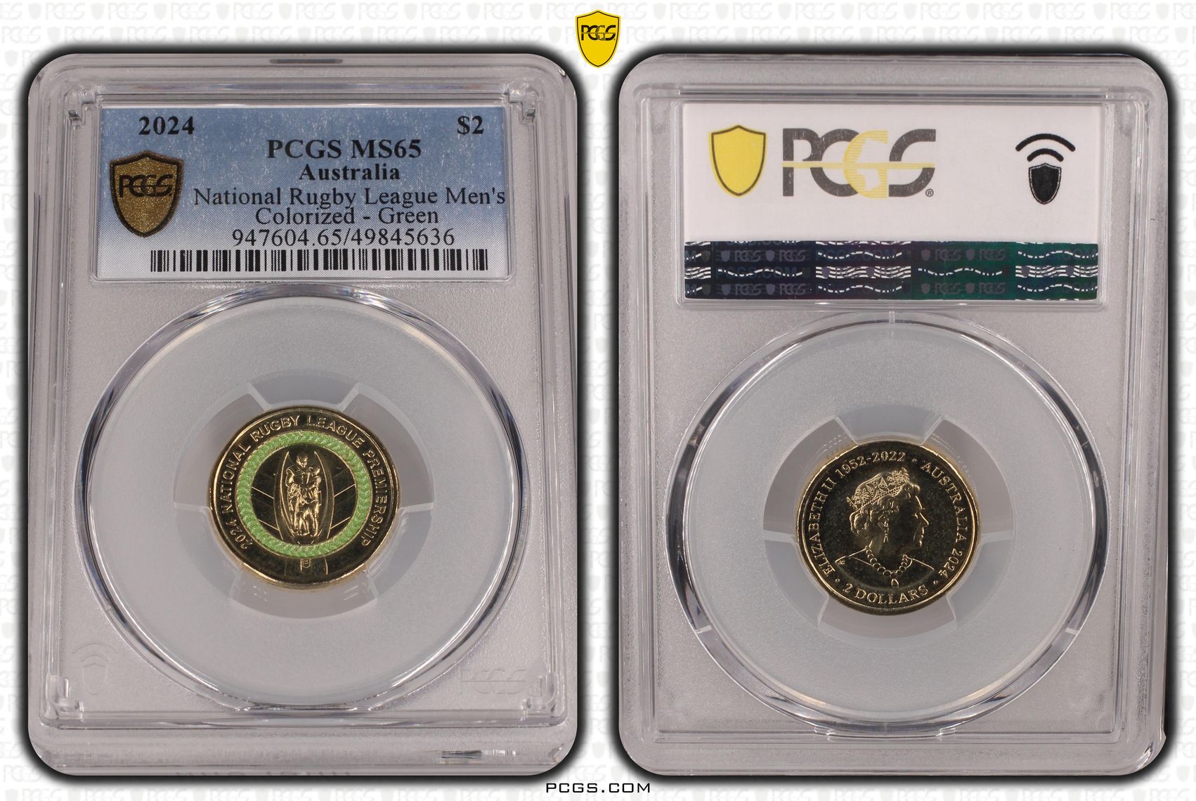 Elizabeth II, National Rugby League Men's Colorized - Green , Two Dollar, 2024, PCGS MS65