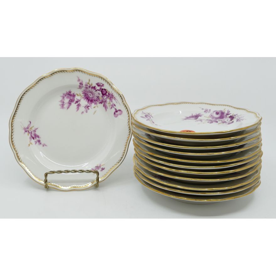 12pc Meissen Pink Flower Porcelain Bread Plates