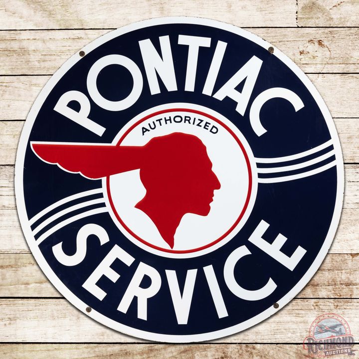Excellent Pontiac Authorized Service 42' Double Sided Porcelain Sign w/ Full Feather Logo