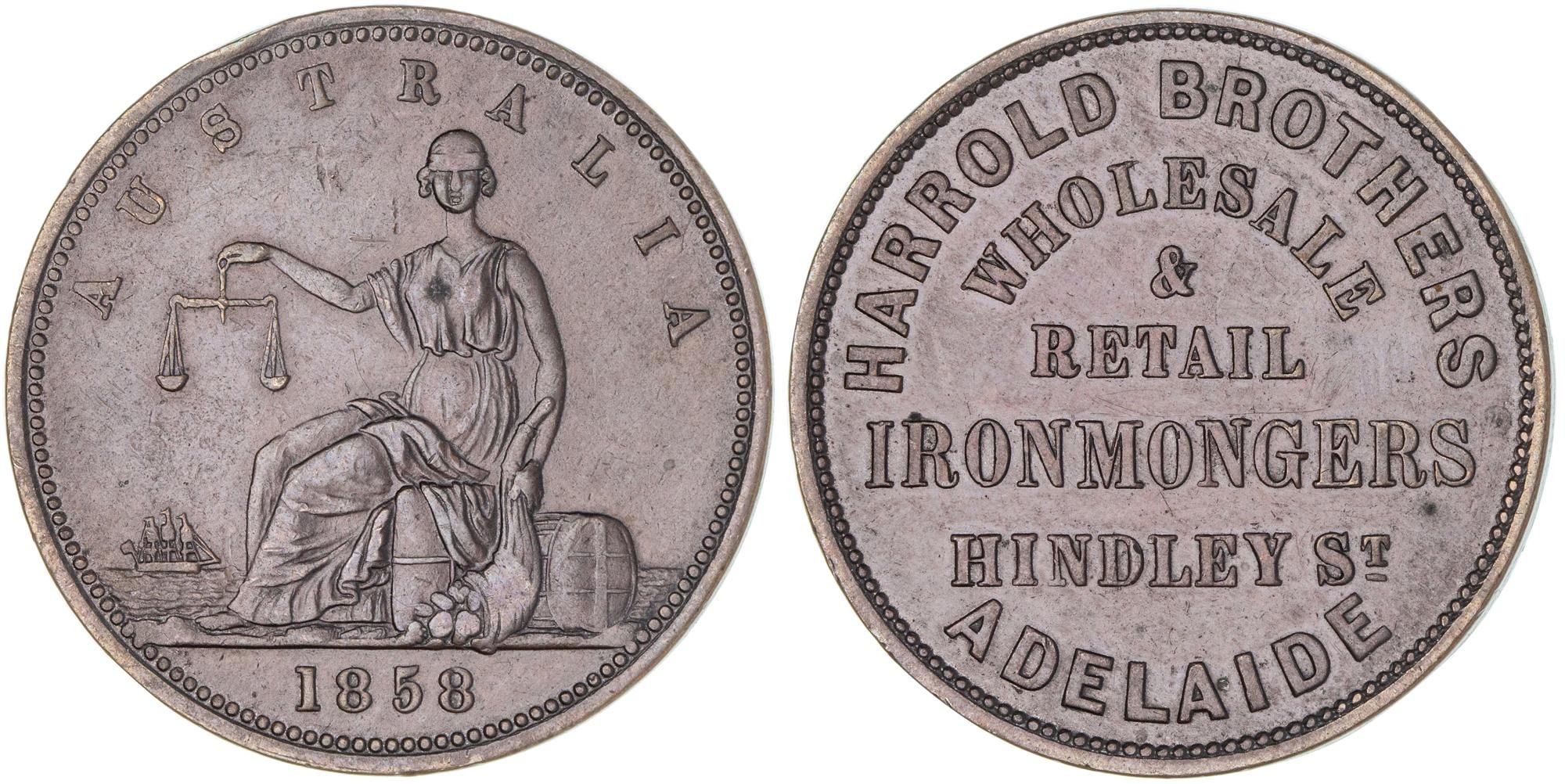 Harrold Brothers, Adelaide, Penny, 1858, EF