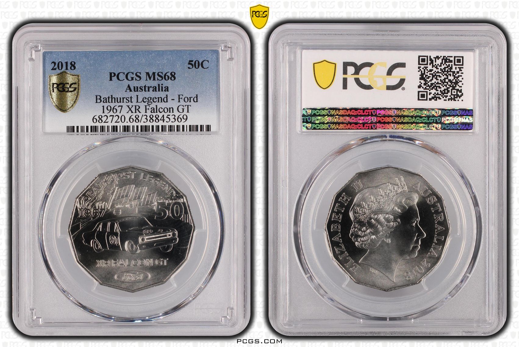 2018 Australia Fifty Cent, 50c Bathurst Legend - Ford 1967 XR Falcon GT PCGS - MS68 -369