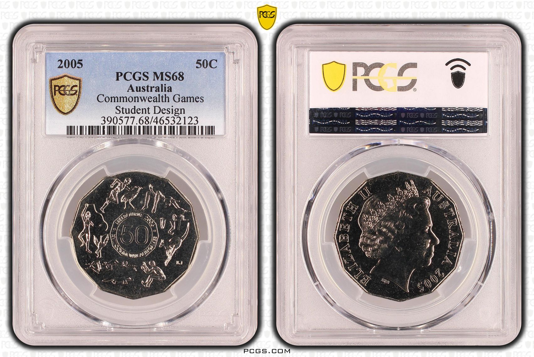 Elizabeth II, Commonwealth Games Student Design, Fifty Cent, 2005, PCGS MS 68