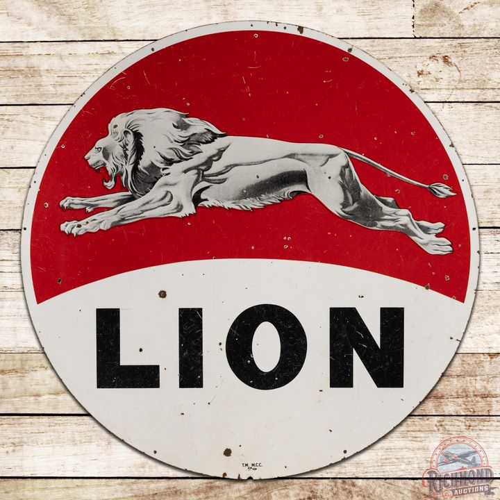 Lion Gasoline 6' Double Sided Porcelain ID Sign w/ Leaping Lion