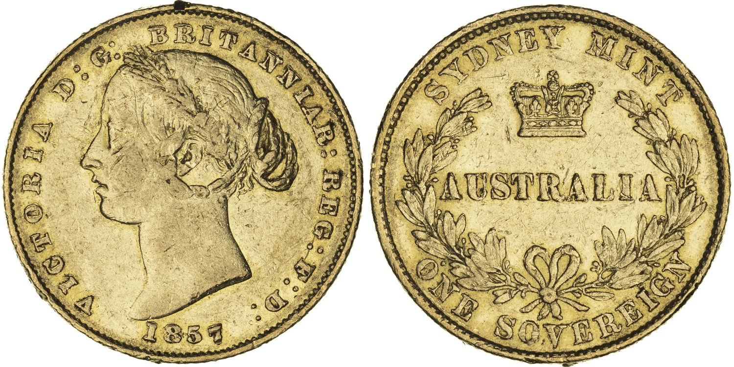 Victoria, Sydney Mint Reverse - Type II, Sovereign, 1857, gF