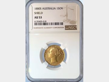 1880 VICTORIA YOUNG HEAD SYDNEY MINT SHIELD GOLD SOVEREIGN AU53
