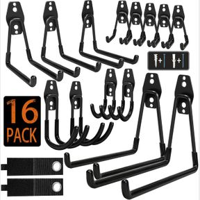 STEEL GARAGE STORAGE HOOKS - 16 PACK ANTI-SLIP COATING, HEAVY DUTY WALL MOUNT HOOKS FOR HANGING BIKE, LADDER, GARDEN TOOLS