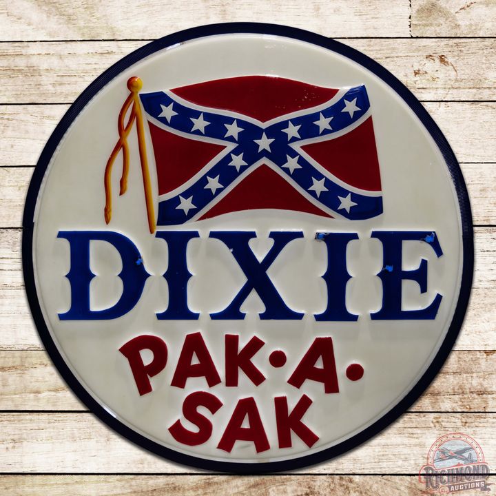 Scarce Dixie Gasoline "Pak A SAK" 6' Emb. Plastic Lighted Sign w/ Flag Logo