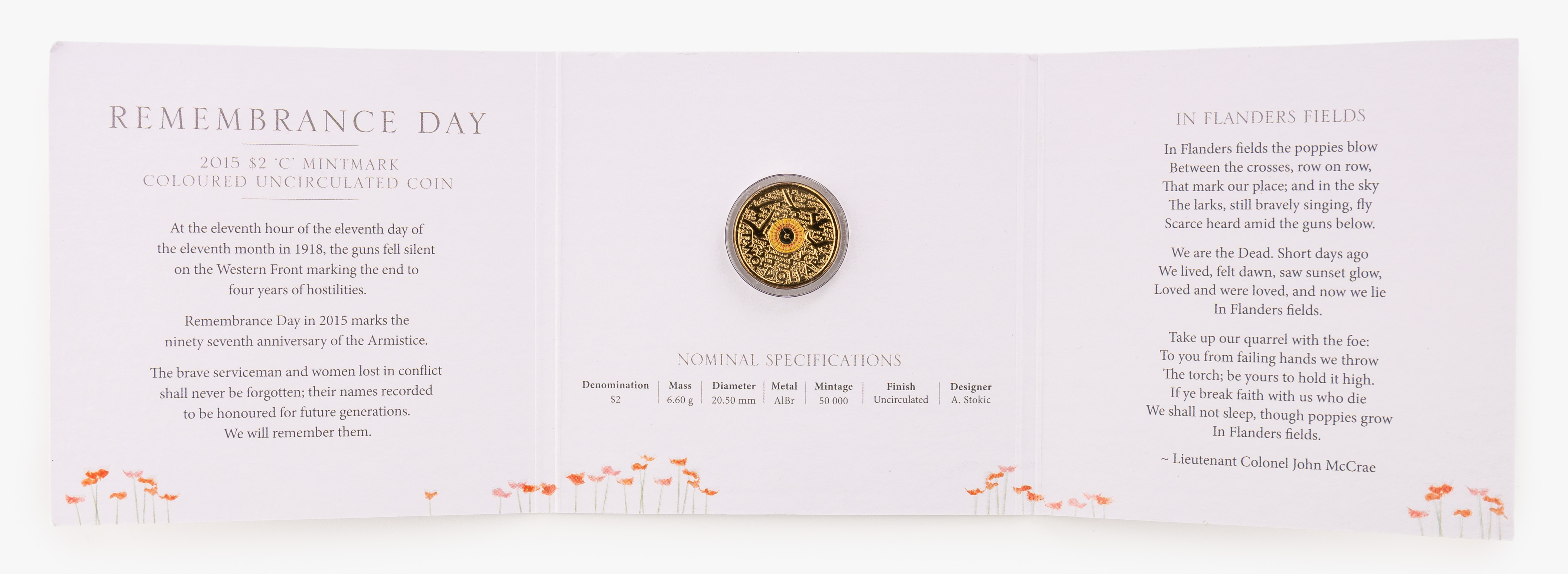 Elizabeth II, RAM - Remembrance Day, Two Dollars, 2015-C, UNC