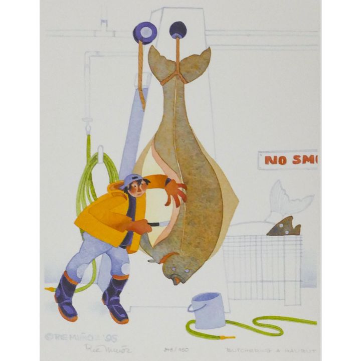 Rie Munoz "Butchering a Halibut" 1995 Signed Print 14"x12" Sheet. Loose, Matted.