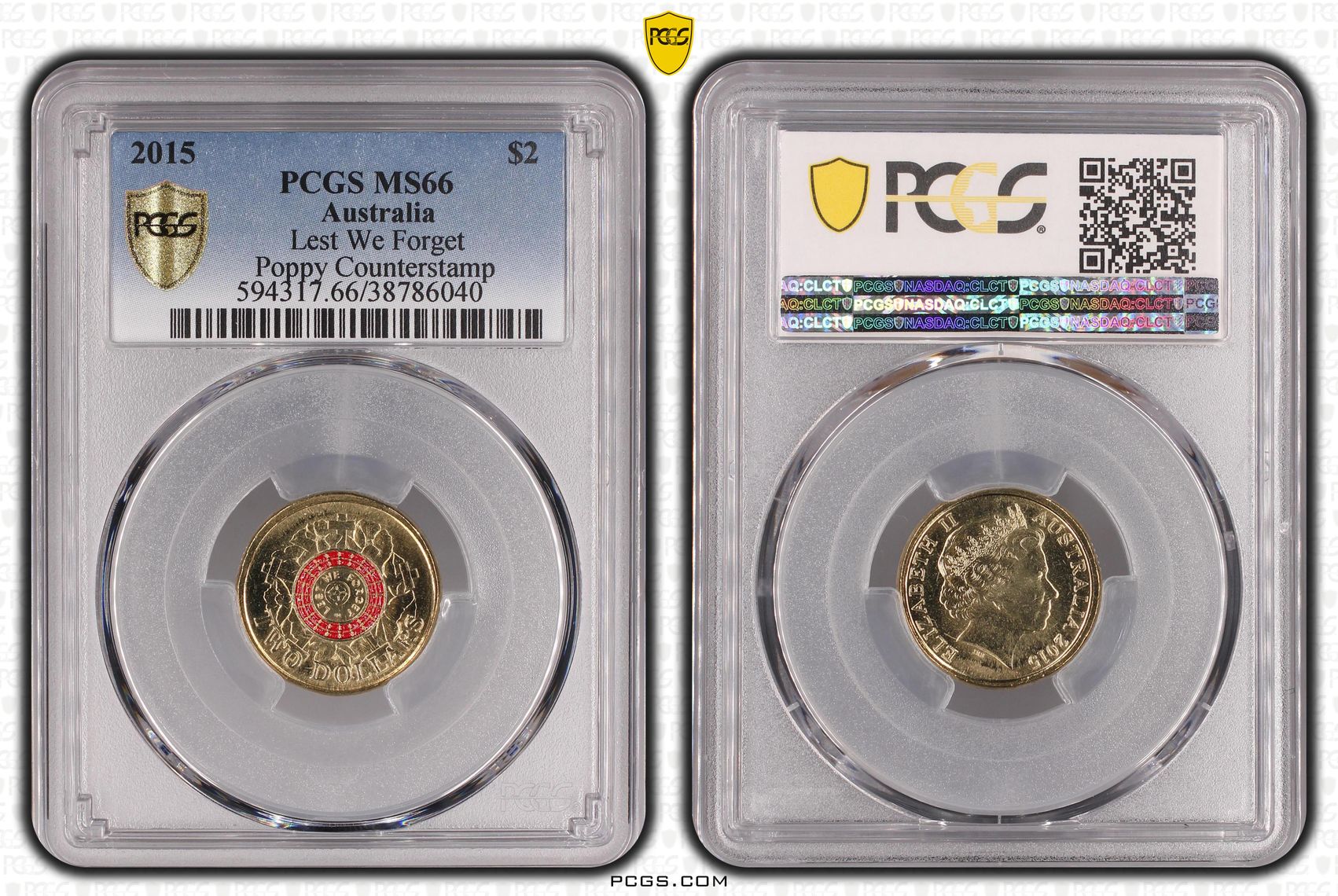 Lest We Forget Colourised Poppy Counterstamp, Two Dollar, 2015, PCGS MS66