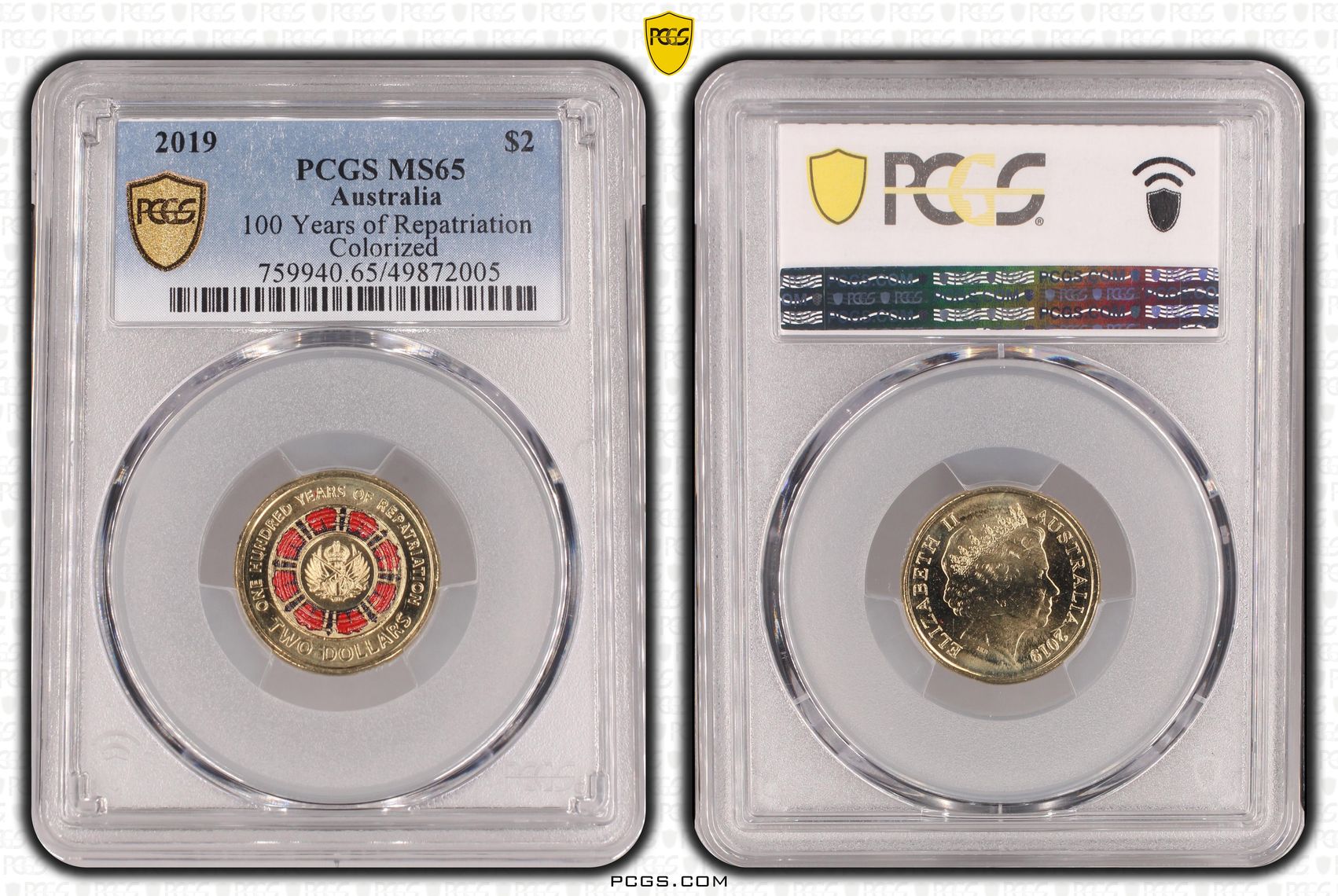 486 · Elizabeth II, 100 Years of Repatriation - Colorized , Two Dollar, 2019, PCGS MS65