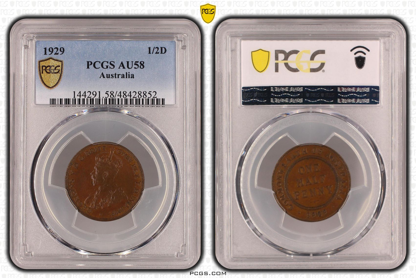 Halfpenny, 1929, PCGS AU 58BN