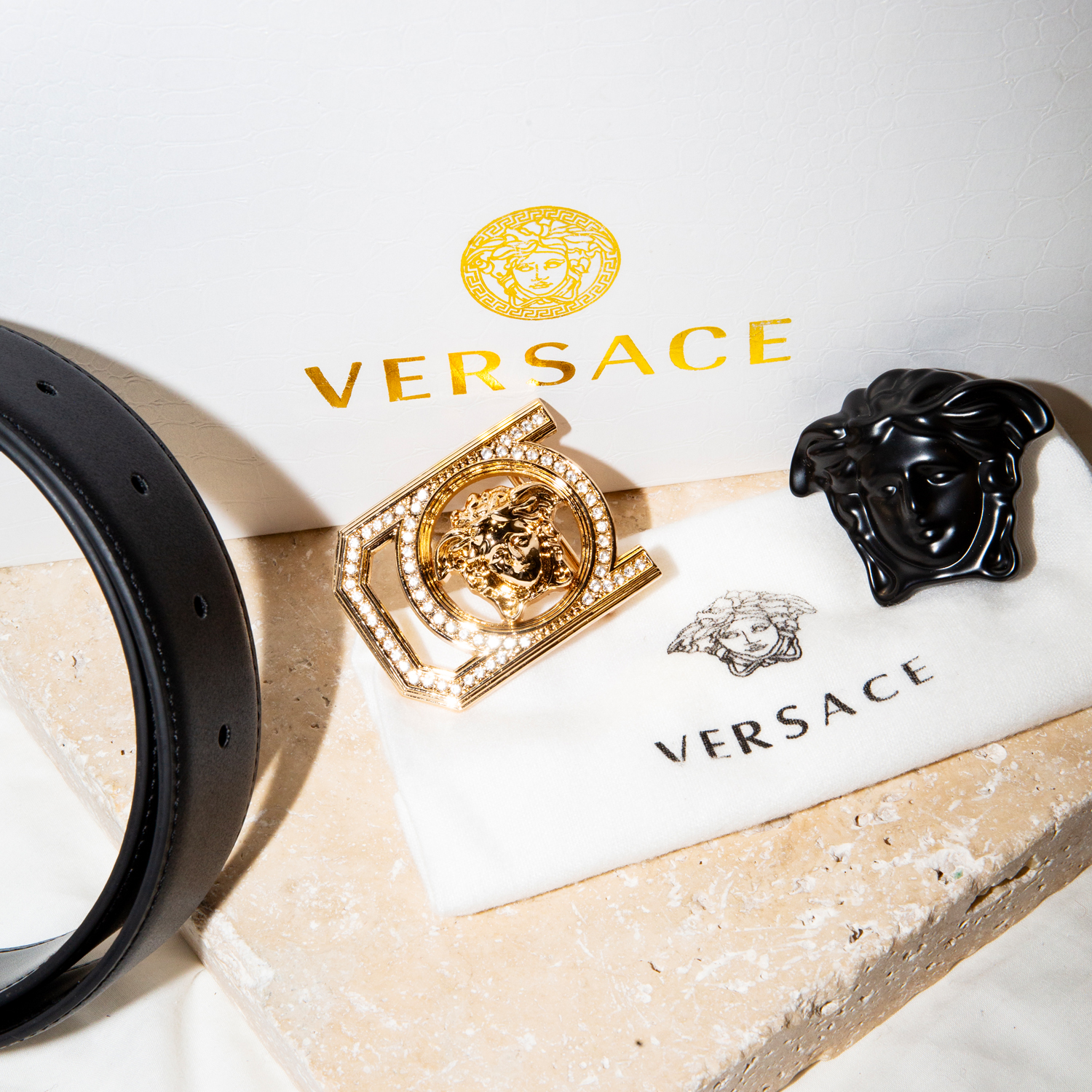 Versace Black Leather Belt and 2 Buckles