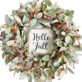 BIBELOT FALL DECOR WREATHS FOR FRONT DOOR, 20' ARTIFICIAL LAMB S LEAVES WREATH WITH MINI PUMPKIN AND BERRIES, GREEN AUTUMN WREATHS