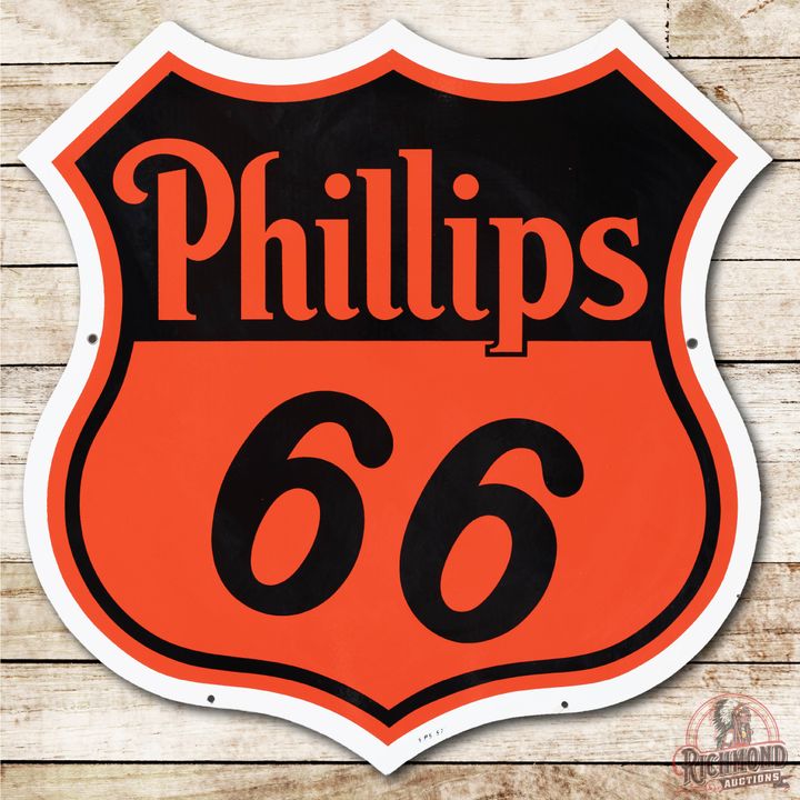 1957 Phillips 66 (Orange & Black) w/ White Outline Double Sided Porcelain Sign TAC 9.25