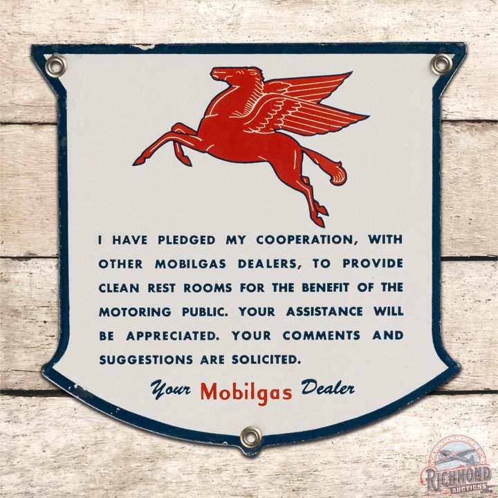 Superb Mobil Restroom Pledge Mobilgas Dealer Single Sided Porcelain Sign w/ Pegasus