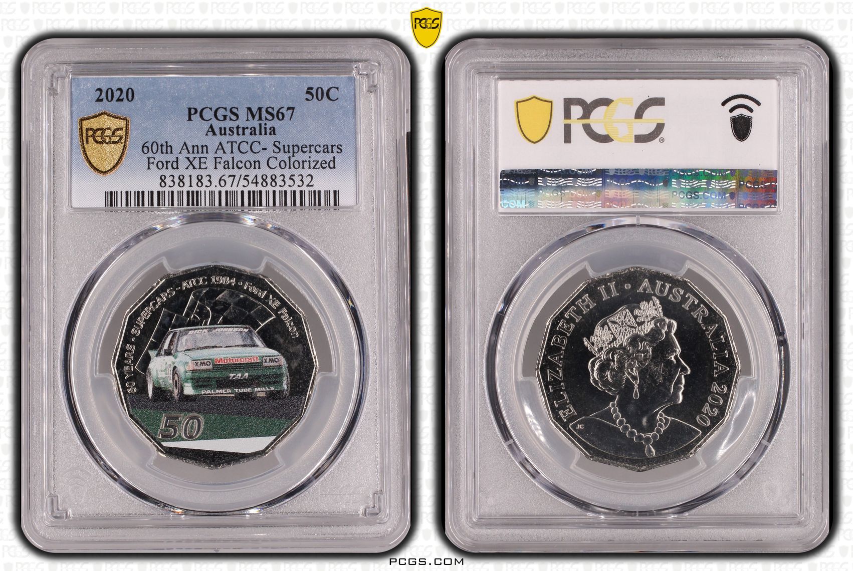 60th Ann ATCC- Supercars Ford XE Falcon Colorized, Fifty Cent, 2020, PCGS MS67
