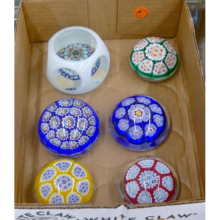 Box 6pc Fine Millefiori Glass Paperweights