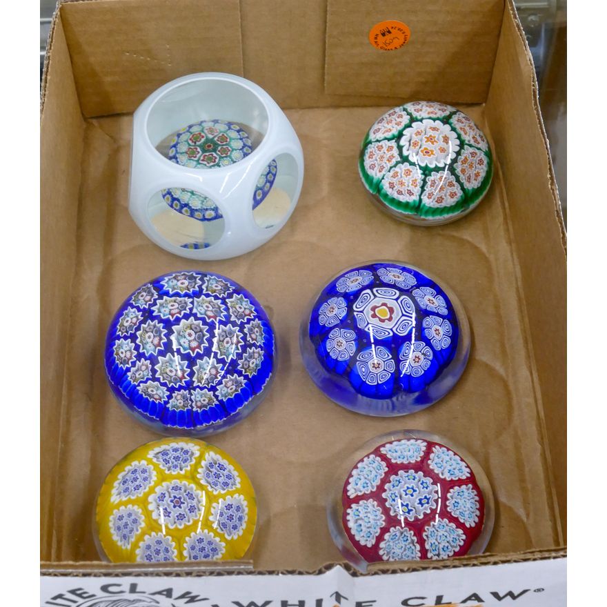 Box 6pc Fine Millefiori Glass Paperweights