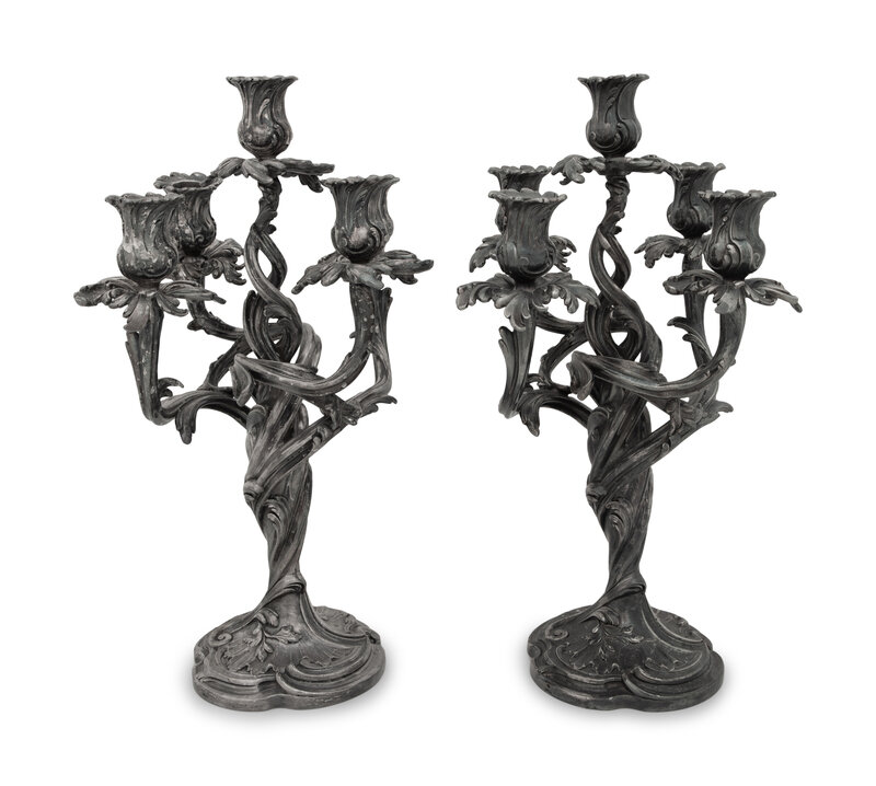 A Pair of French Silver-Plate Five-Light Candelabra