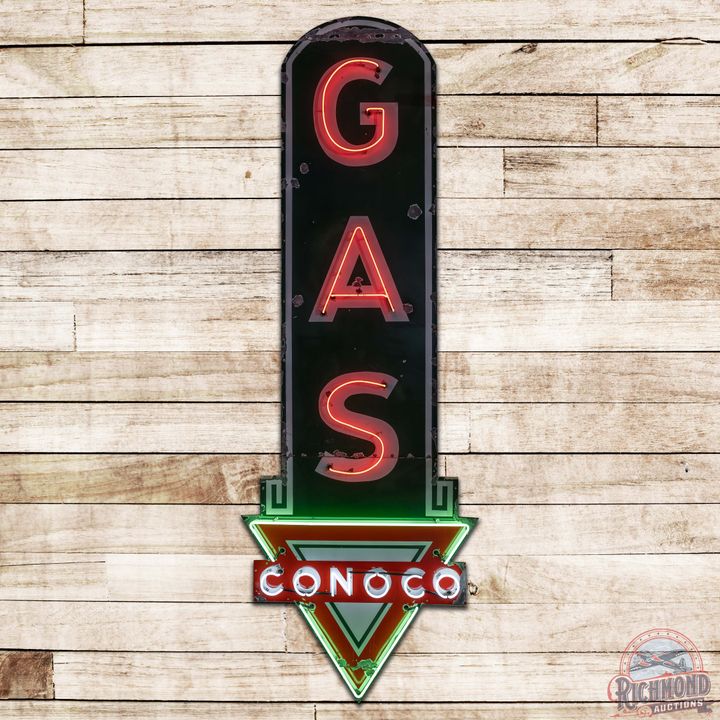 Scarce 13' Conoco Gas Die Cut SS Porcelain Neon Sign