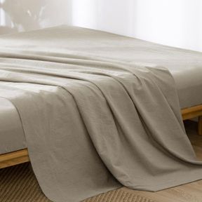 KING MOOMEE FLAT TOP SHEET ONLY 100% WASHED COTTON LINEN LIKE TEXTURED BREATHABLE DURABLE SOFT COMFY (TANNISH LINEN GREY, KING)